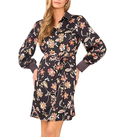 CeCe Woven Paisley Print Point Collar Long Sleeve Mini Shirt Dress
