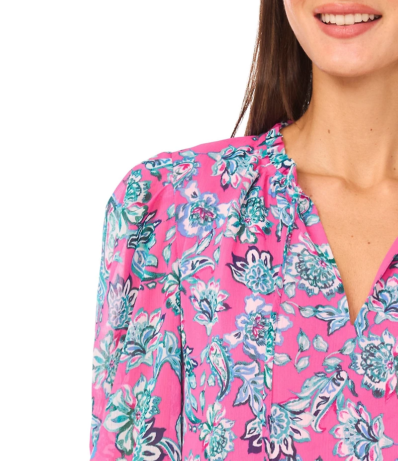 CeCe Woven Paisley Print Ruffle V-Neck Long Smocked Sleeve Blouse