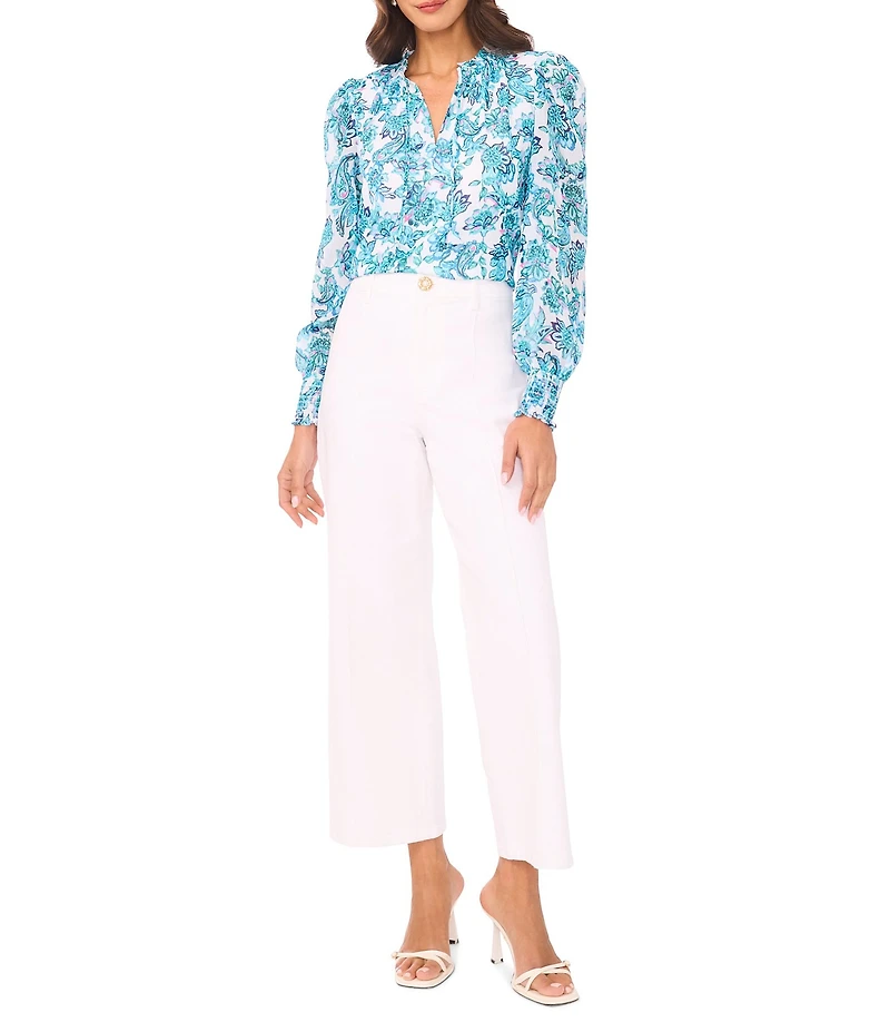 CeCe Woven Paisley Print Ruffle V-Neck Long Smocked Sleeve Blouse