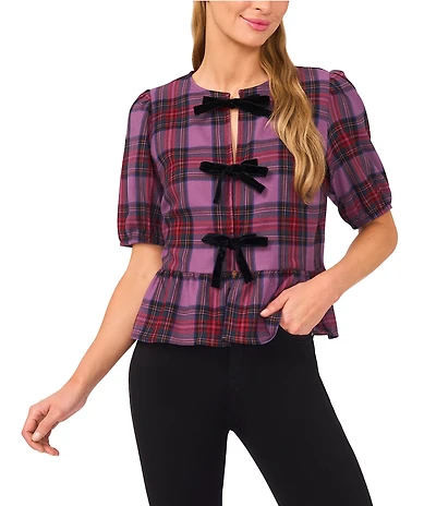 CeCe Woven Coordinating Plaid Print Round Neck Short Sleeve Bow Front Top