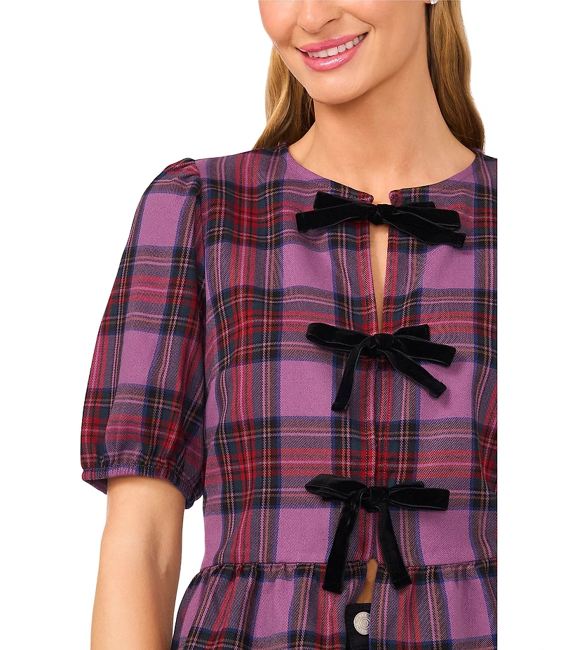 CeCe Woven Coordinating Plaid Print Round Neck Short Sleeve Bow Front Top