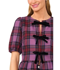 CeCe Woven Coordinating Plaid Print Round Neck Short Sleeve Bow Front Top