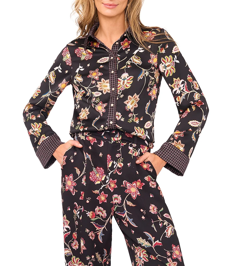 CeCe Woven Point Collar Long Sleeve Paisley Button Down Coordinating Shirt