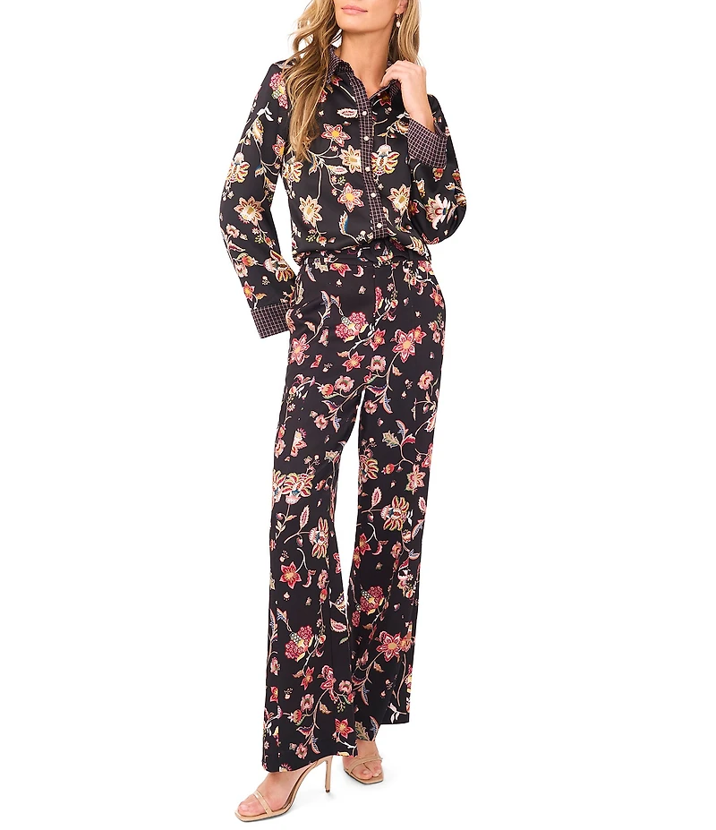 CeCe Woven Point Collar Long Sleeve Paisley Button Down Coordinating Shirt