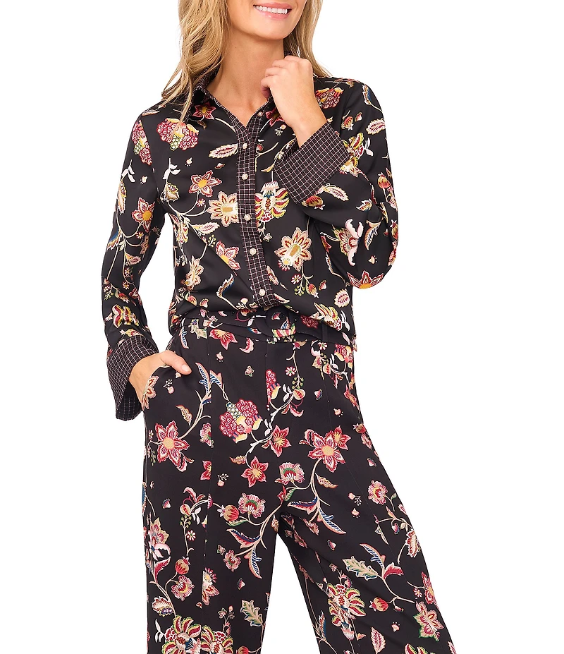 CeCe Woven Point Collar Long Sleeve Paisley Button Down Coordinating Shirt