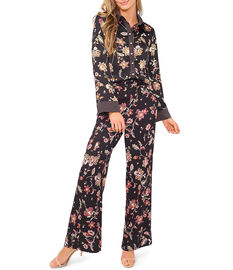 CeCe Woven Point Collar Long Sleeve Paisley Button Down Coordinating Shirt