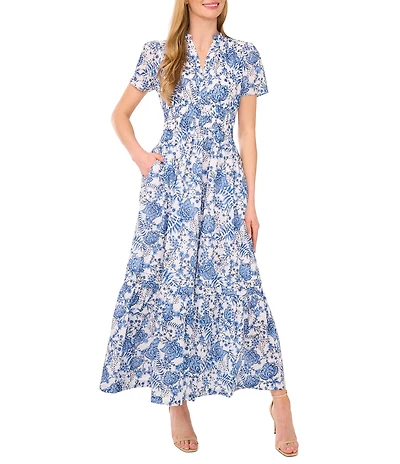 CeCe Woven Printed Split Round Neck Short Sleeve Maxi A-Line Dress