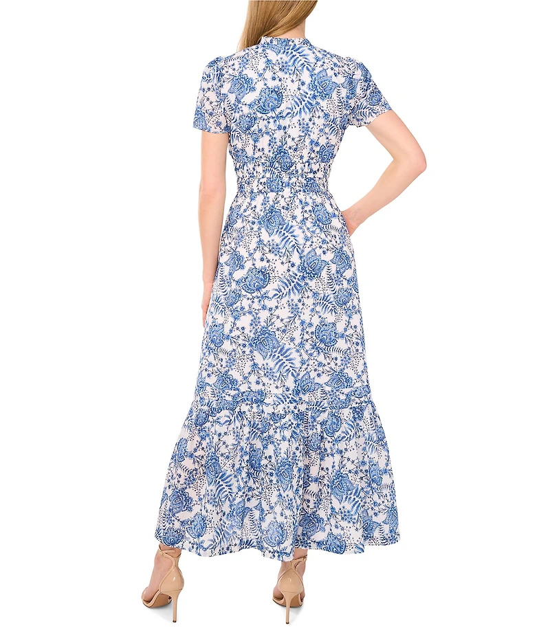 CeCe Woven Printed Split Round Neck Short Sleeve Maxi A-Line Dress