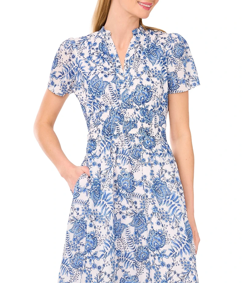 CeCe Woven Printed Split Round Neck Short Sleeve Maxi A-Line Dress