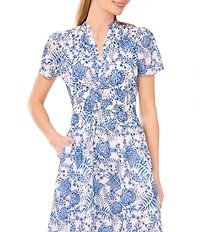CeCe Woven Printed Split Round Neck Short Sleeve Maxi A-Line Dress