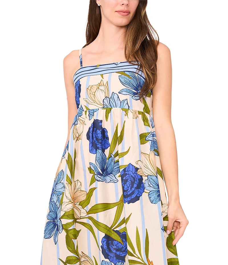 CeCe Woven Floral Print Square Neck Sleeveless Midi Dress