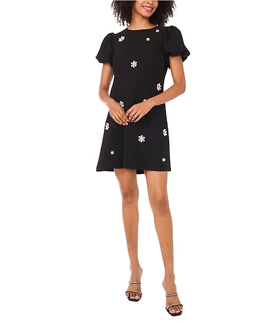 CeCe Woven Round Neck Short Sleeve Floral Embellished Bubble Dress