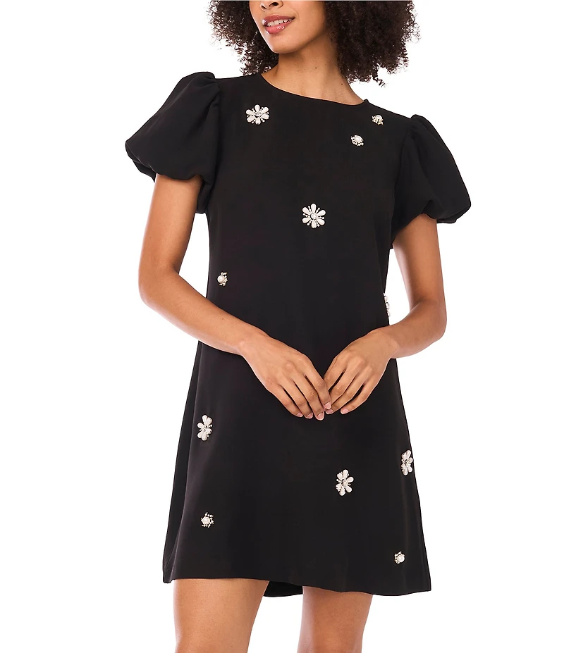 CeCe Woven Round Neck Short Sleeve Floral Embellished Bubble Dress