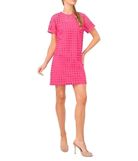 CeCe Woven Round Neck Short Sleeve Shift Dress
