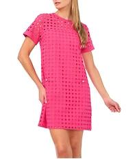 CeCe Woven Round Neck Short Sleeve Shift Dress