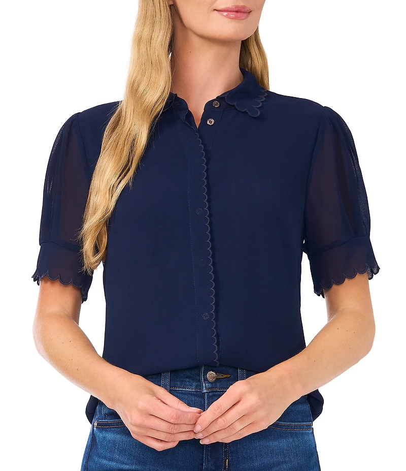 CeCe Woven Short Sleeve Scalloped Collar Blouse