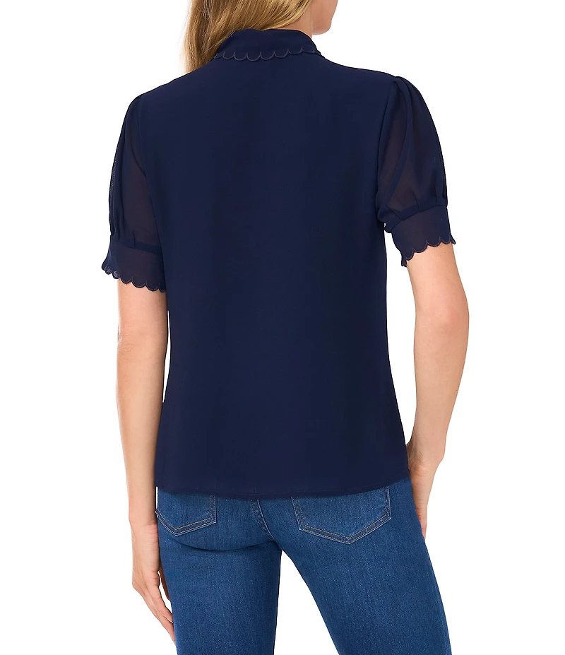 CeCe Woven Short Sleeve Scalloped Collar Blouse