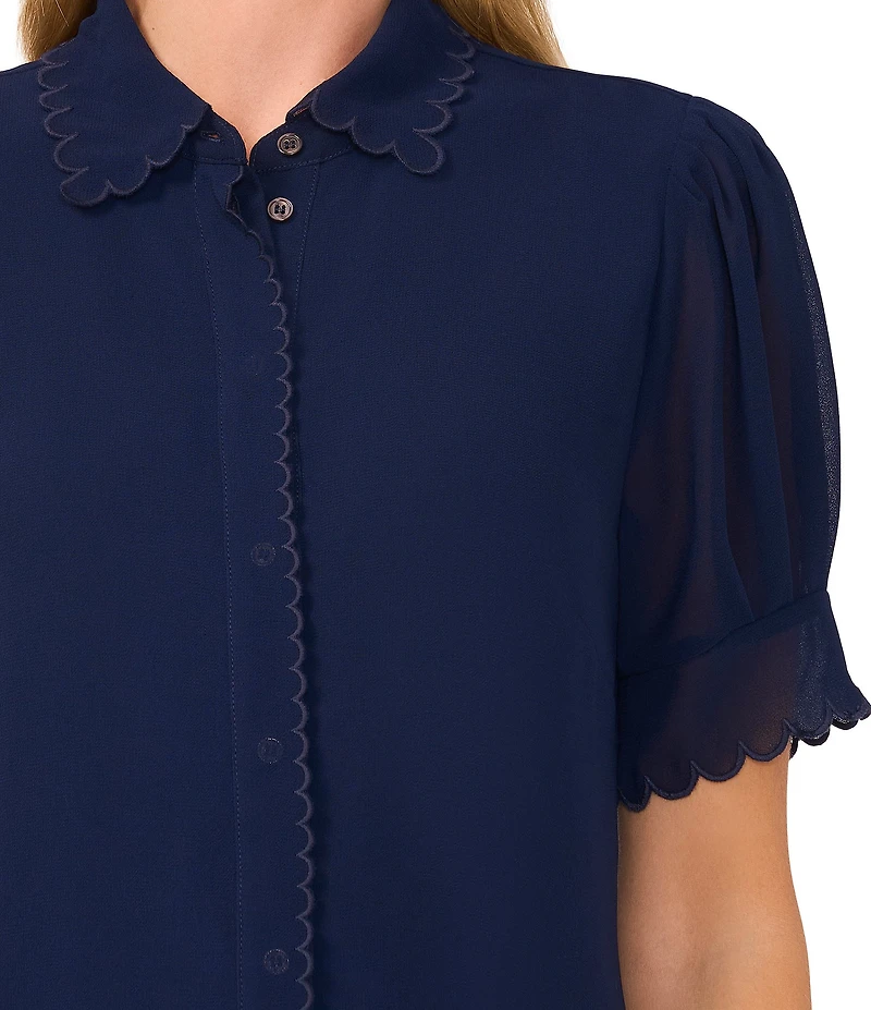 CeCe Woven Short Sleeve Scalloped Collar Blouse