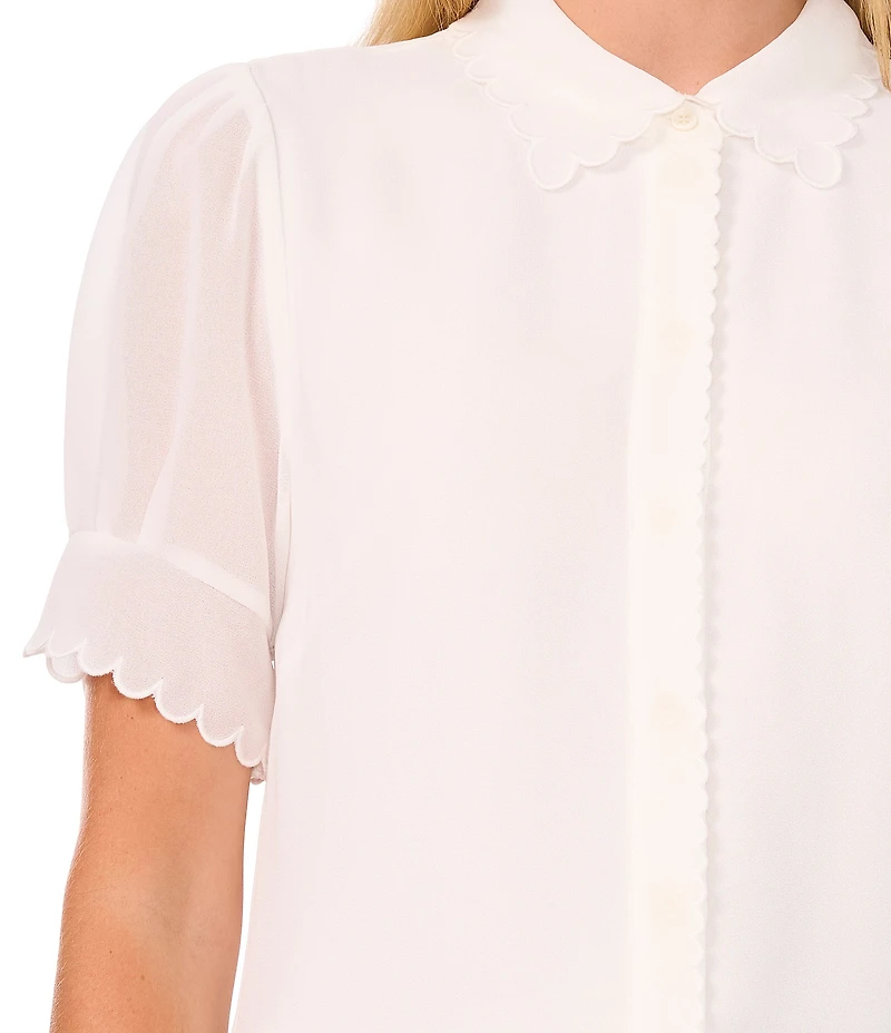 CeCe Woven Short Sleeve Scalloped Collar Blouse
