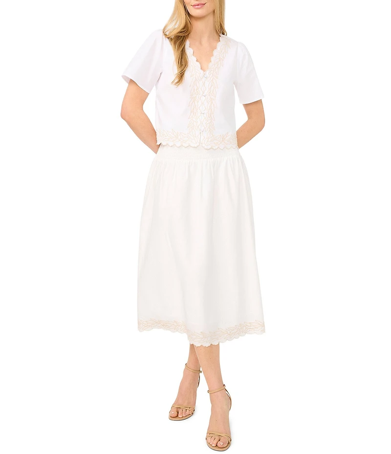 CeCe Woven Smocked Lace Scalloped Midi A-Line Coordinating Skirt