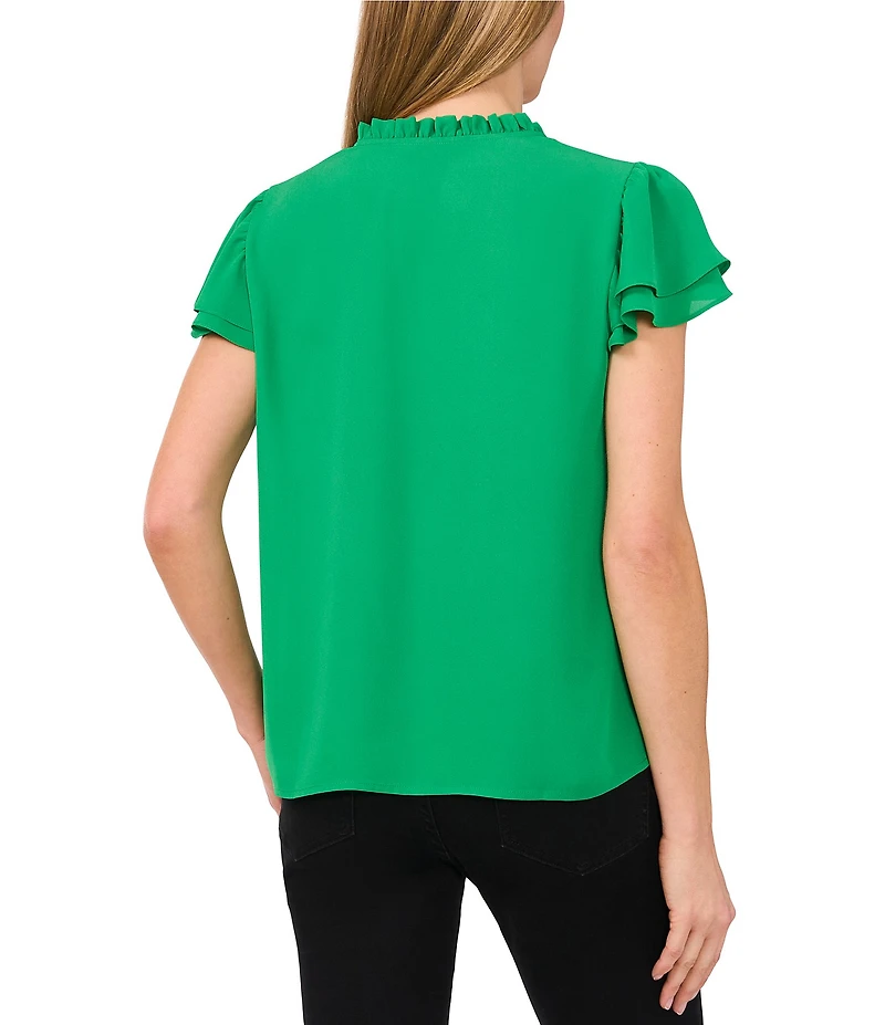 CeCe Woven Split Round Neck Flutter Sleeve Blouse