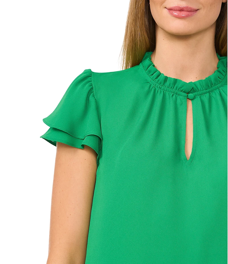 CeCe Woven Split Round Neck Flutter Sleeve Blouse