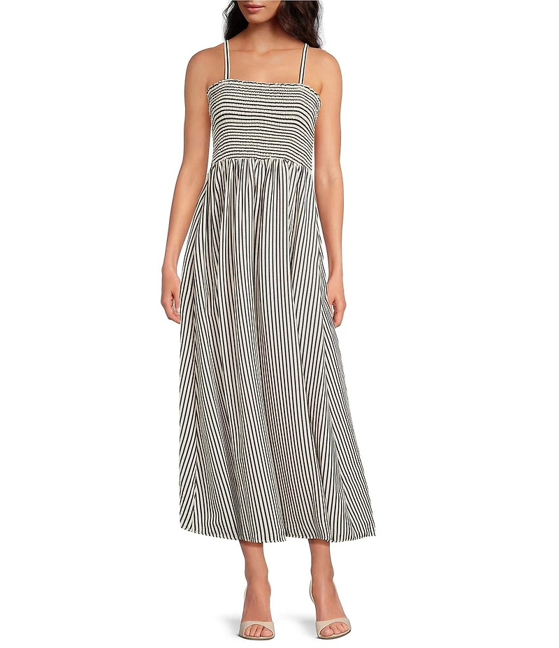 CeCe Woven Stripe Print Square Neck Sleeveless Smocked Midi A-Line Dress