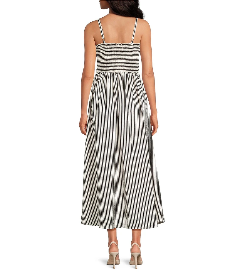 CeCe Woven Stripe Print Square Neck Sleeveless Smocked Midi A-Line Dress
