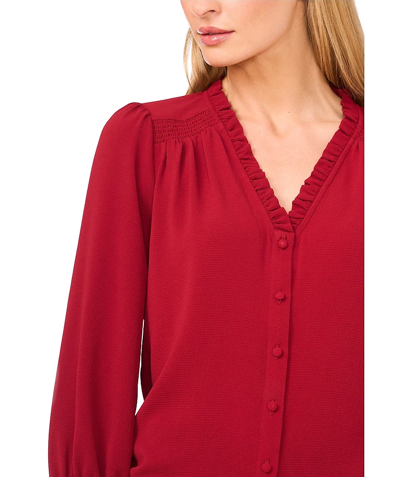 CeCe Woven V-Neck 3/4 Sleeve Ruffled Blouse