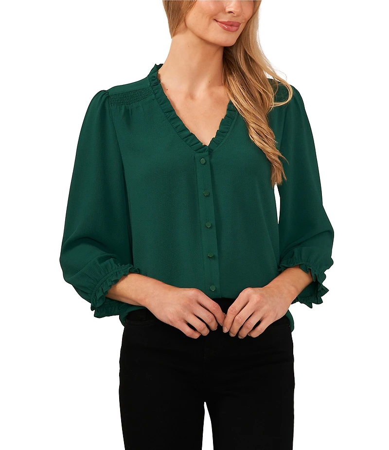 CeCe Woven V-Neck 3/4 Sleeve Ruffled Blouse