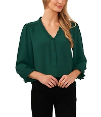 CeCe Woven V-Neck 3/4 Sleeve Ruffled Blouse
