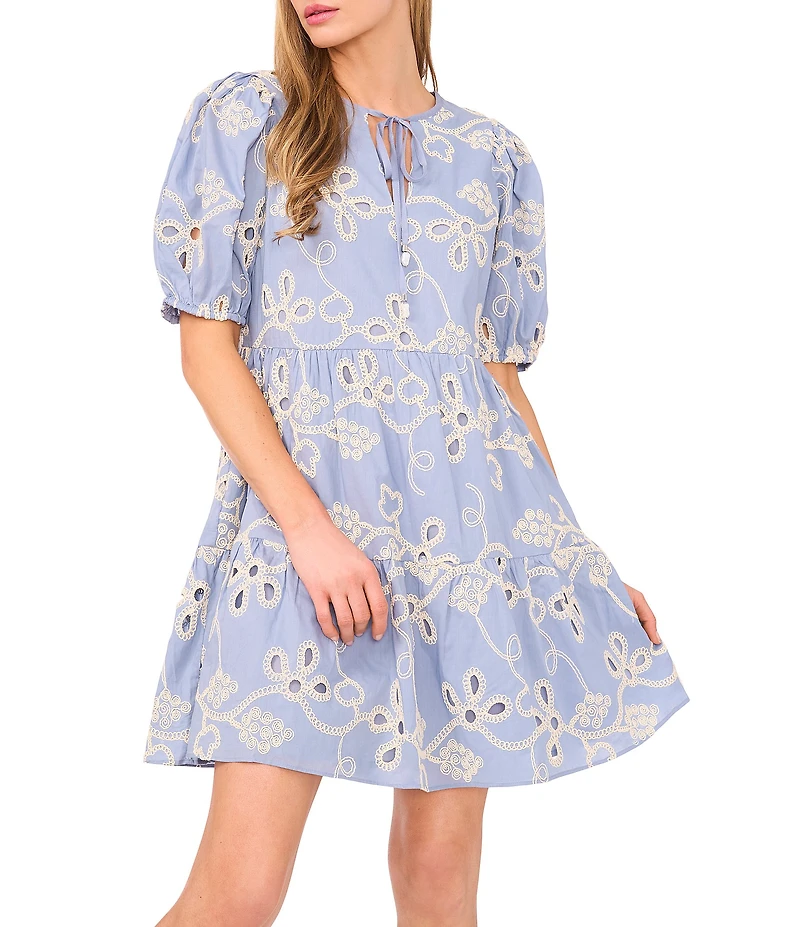 CeCe Woven V-Neck Short Puff Sleeve Floral Embroidered Tiered A-Line Dress
