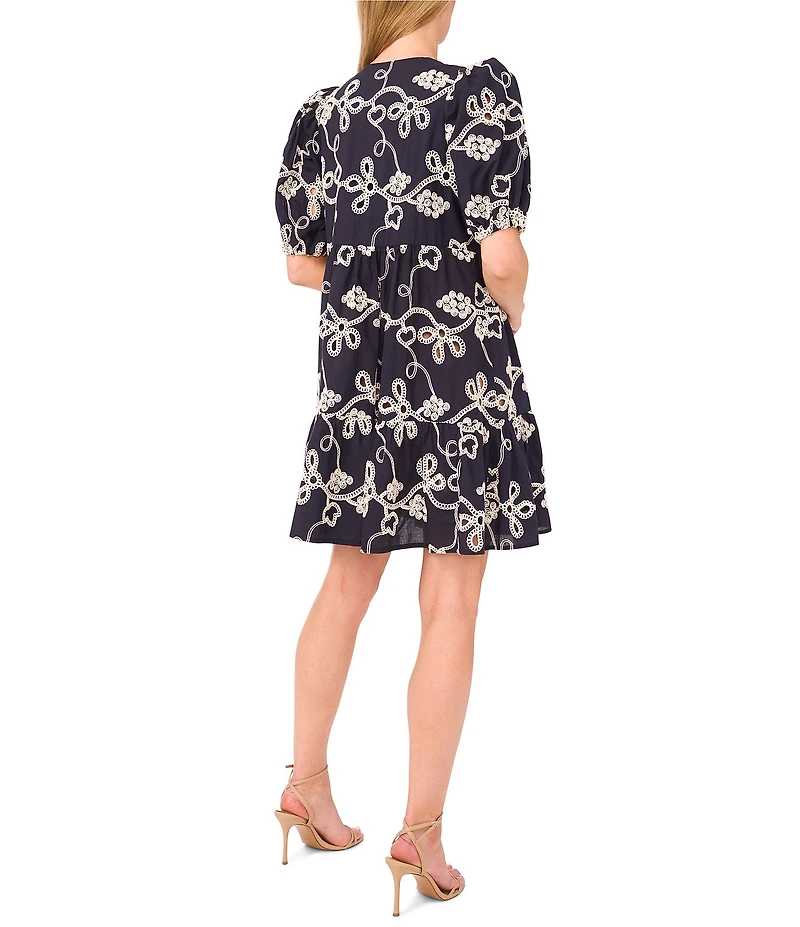 CeCe Woven V-Neck Short Puff Sleeve Floral Embroidered Tiered A-Line Dress