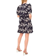 CeCe Woven V-Neck Short Puff Sleeve Floral Embroidered Tiered A-Line Dress