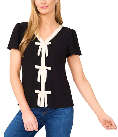 CeCe Woven V-Neck Short Sleeve Bow Blouse