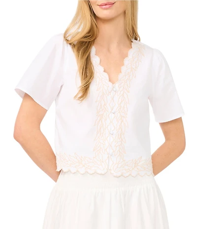 CeCe Woven V-Neck Short Sleeve Embroidered Coordinating Blouse