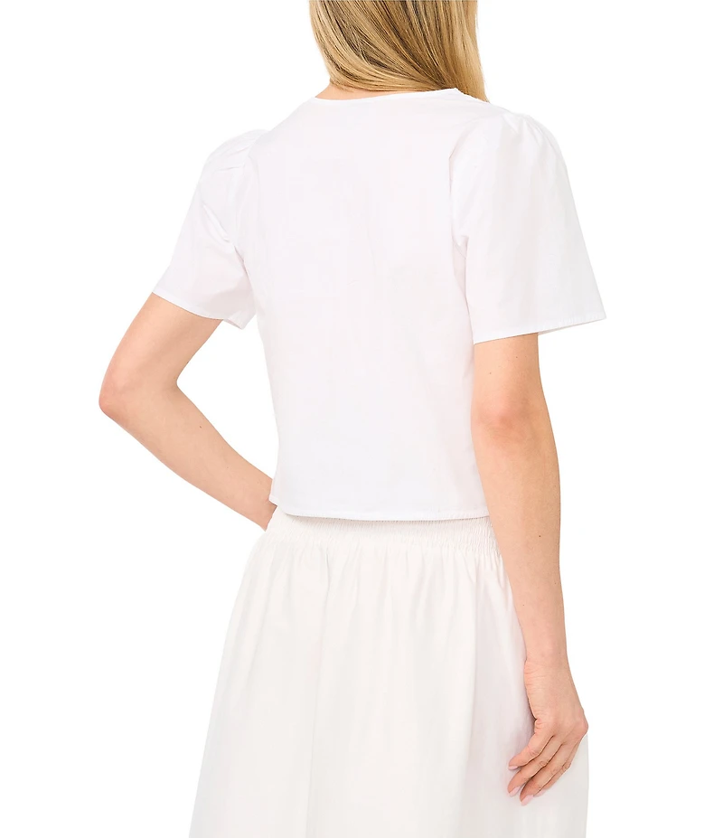 CeCe Woven V-Neck Short Sleeve Embroidered Coordinating Blouse