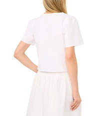 CeCe Woven V-Neck Short Sleeve Embroidered Coordinating Blouse