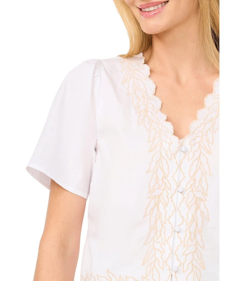 CeCe Woven V-Neck Short Sleeve Embroidered Coordinating Blouse