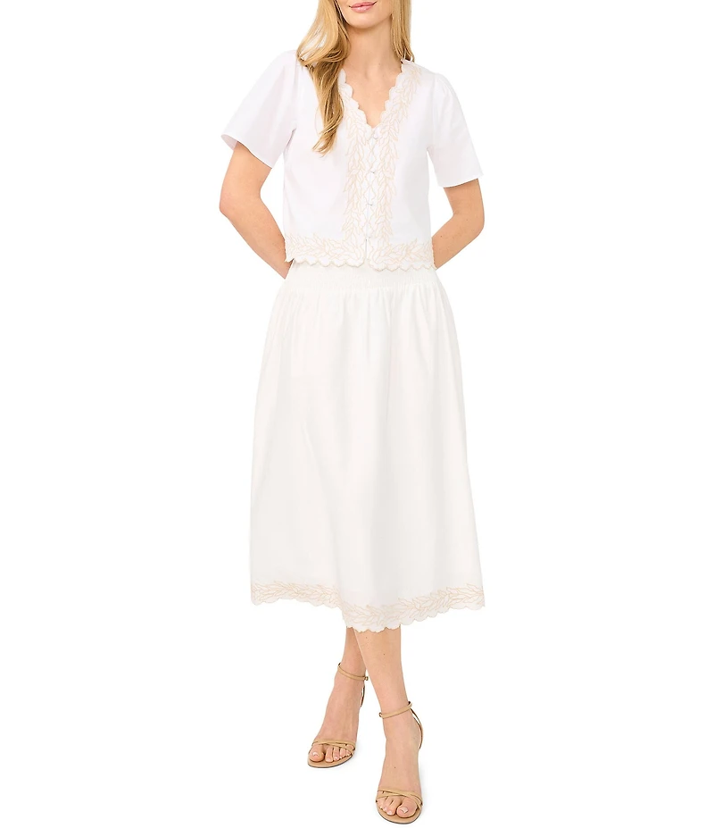 CeCe Woven V-Neck Short Sleeve Embroidered Coordinating Blouse