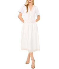 CeCe Woven V-Neck Short Sleeve Embroidered Coordinating Blouse