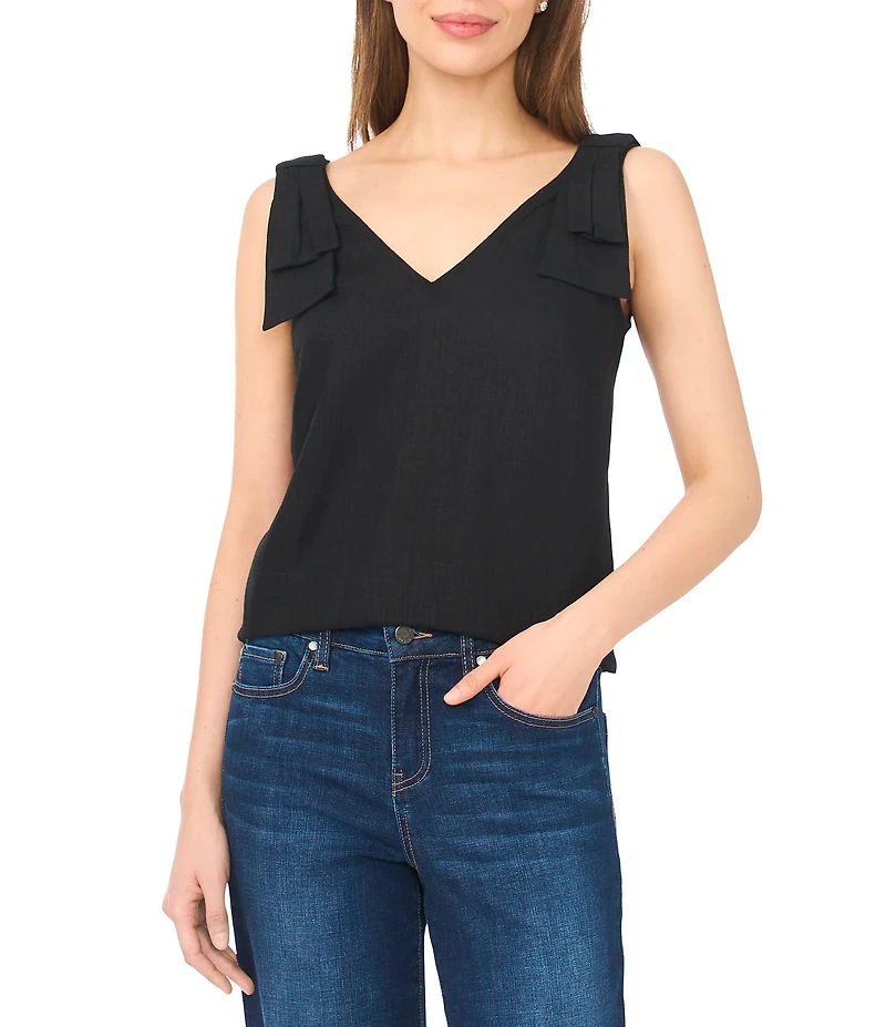 CeCe Woven V-Neck Sleeveless Bow Shoulder Tank
