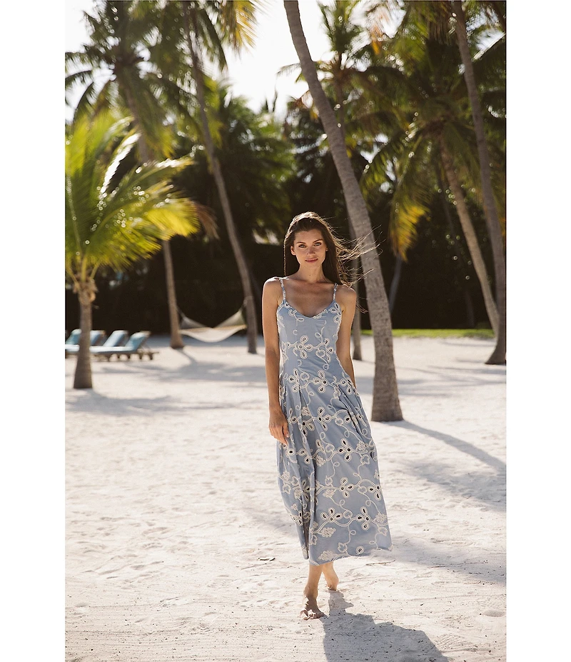 CeCe Woven V-Neck Sleeveless Embroidered Maxi A-Line Dress