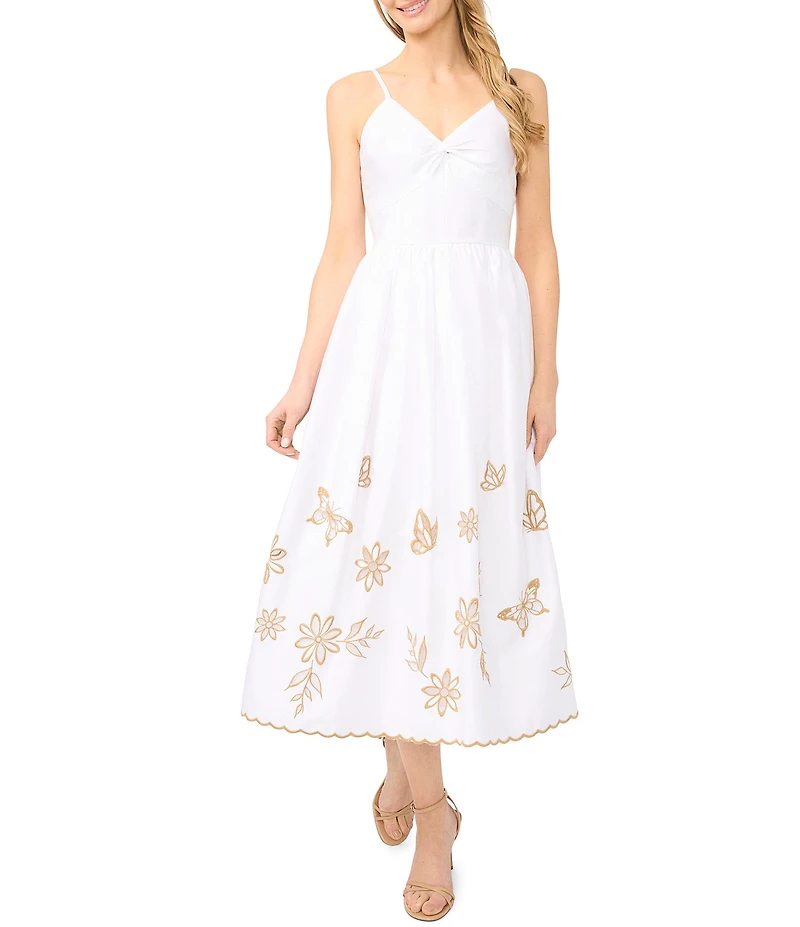 CeCe Woven V-Neck Sleeveless Embroidered Midi A-Line Dress