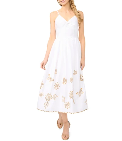 CeCe Woven V-Neck Sleeveless Embroidered Midi A-Line Dress