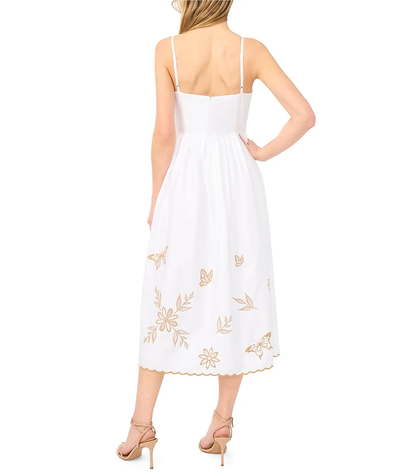 CeCe Woven V-Neck Sleeveless Embroidered Midi A-Line Dress