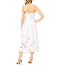 CeCe Woven V-Neck Sleeveless Embroidered Midi A-Line Dress