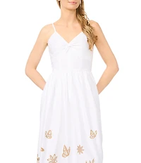 CeCe Woven V-Neck Sleeveless Embroidered Midi A-Line Dress