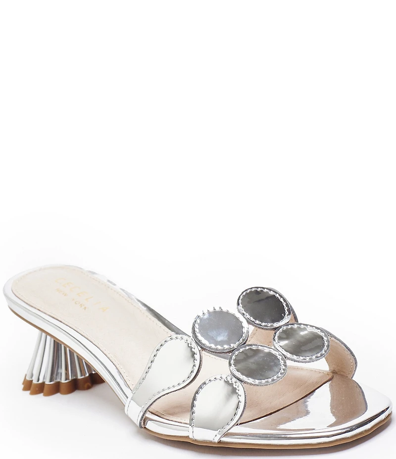Cecelia New York Bunny Patent Mirror Metallic Speccio Scalloped Leather Dress Slide Sandals