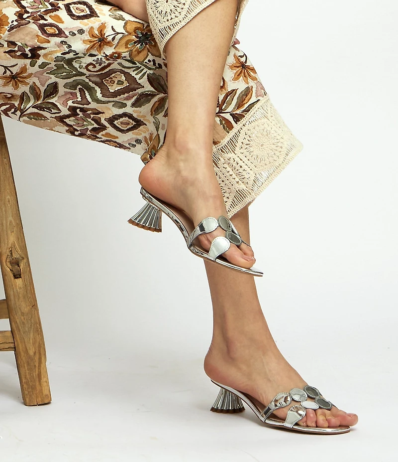 Cecelia New York Bunny Patent Mirror Metallic Speccio Scalloped Leather Dress Slide Sandals